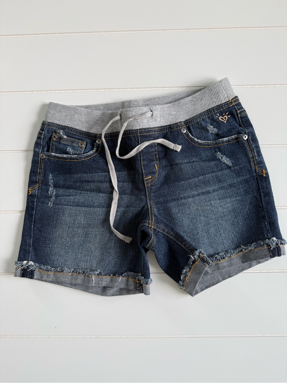 Justice Dark Blue Denim Shorts with Gray Drawstring Waistband